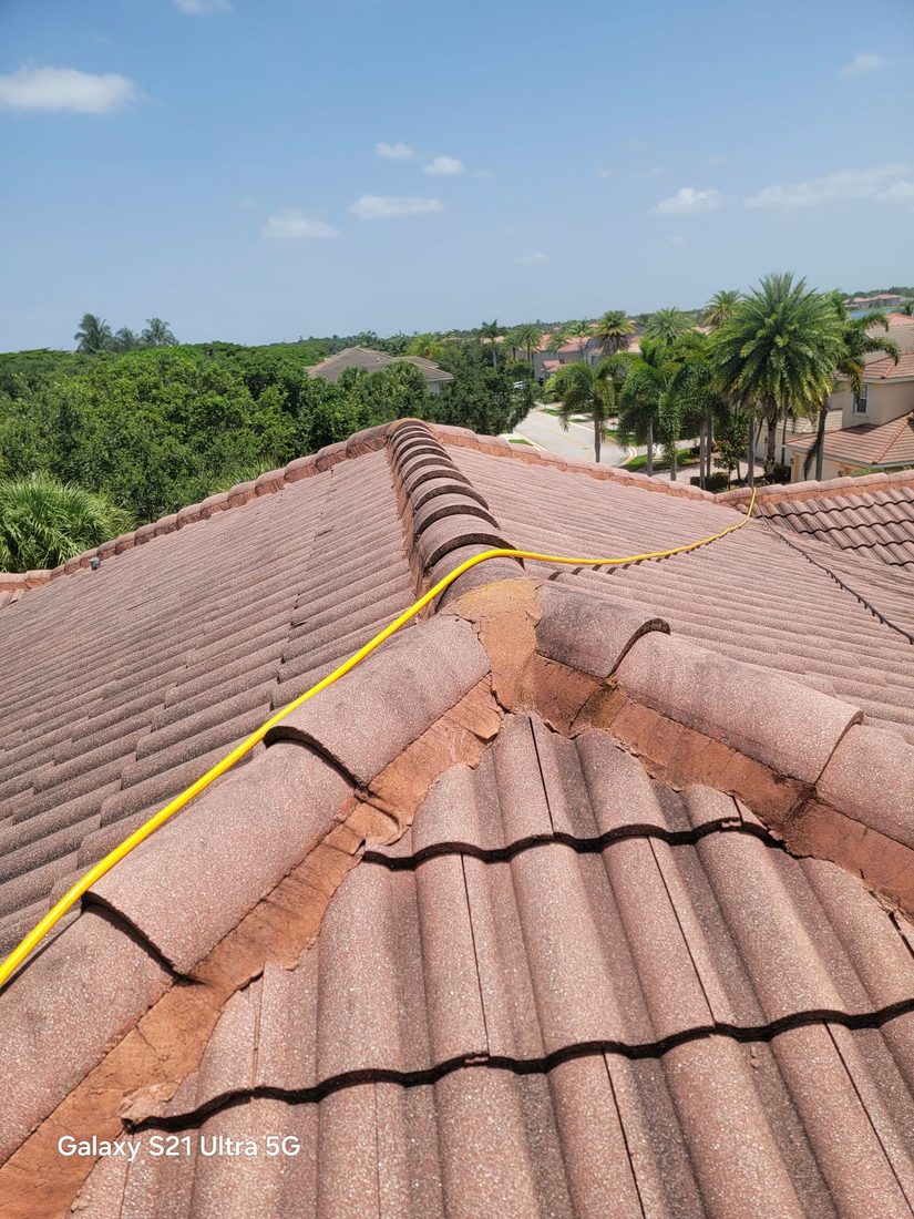 Roof cleaning in progress
